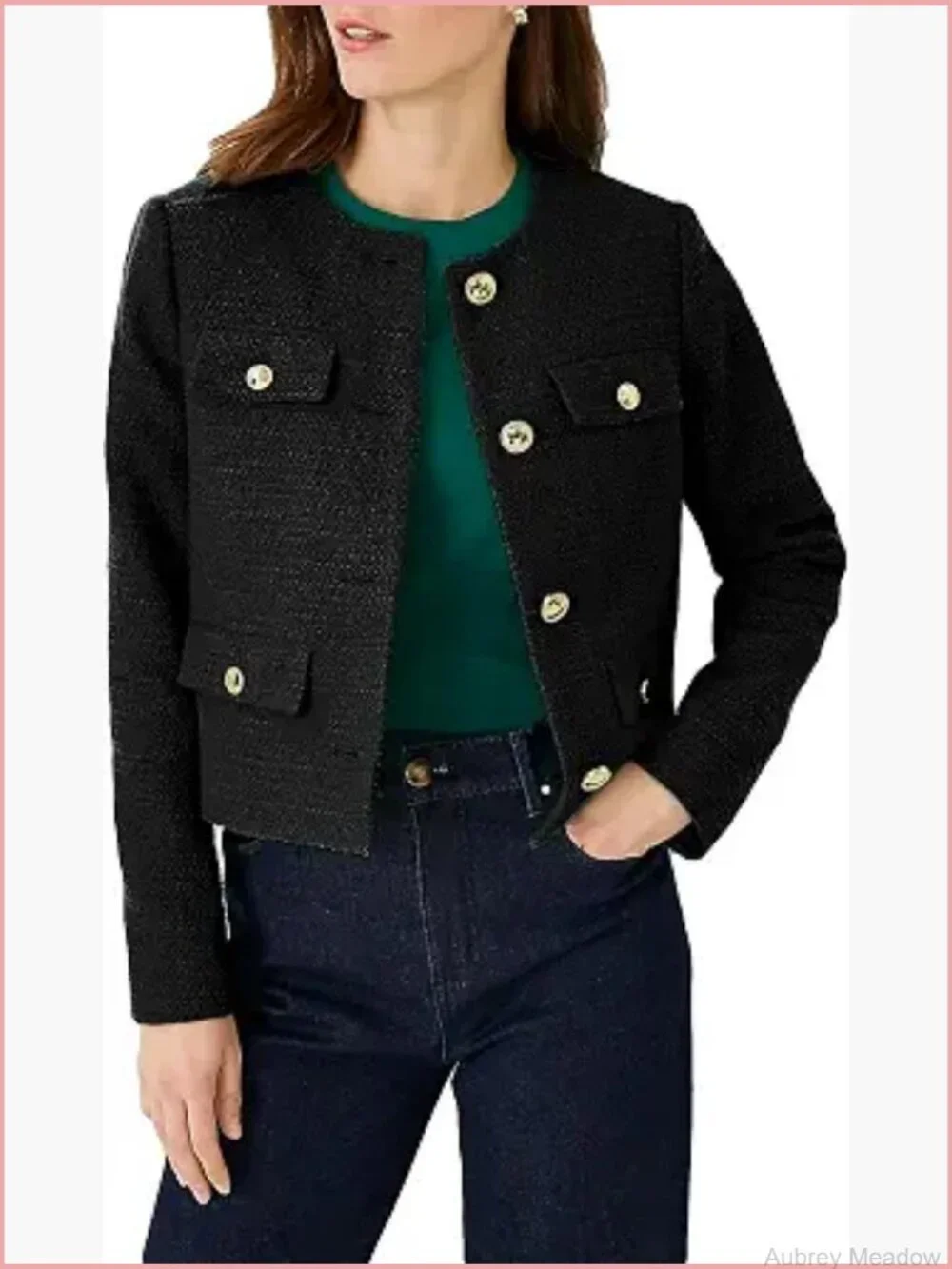 Cropped Tweed Blazer Jacket Womens Slim Collarless Business Casual Long Sleeve